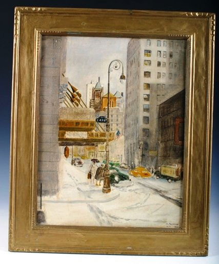 Harold Perrine Oil on Board of New York City 1954: Mid-century American artist. Painting depicts 43rd street and Fifth Avenue in New York City in 1954. 14" x 18" Signed and dated in lower right. Frame appears to be originalAppears to have been exhibit