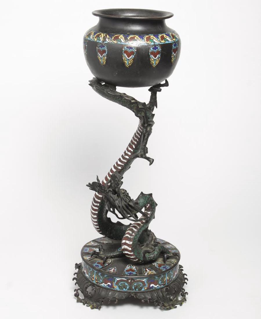 Japanese Champleve Bronze Dragon-Pedestal Bowl: Japanese bronze bowl with champleve enamel, on large dragon-from column and base; Asian art, likely early 20th century. 23.25" H. Minor losses and pitting to enamel.