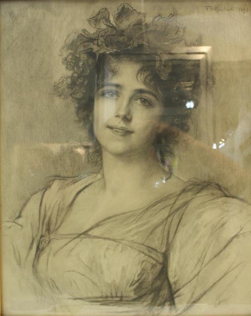 Friedrich August von Kaulbach (German, 1850-1920): Art Nouveau, a neoclassical allegorical portrait of Autumn as a female follower of Bacchus, etching and mezzotint on paper, 1897, signed in plate and dated upper right. Image: 19.75" H X 15.5" W; fram