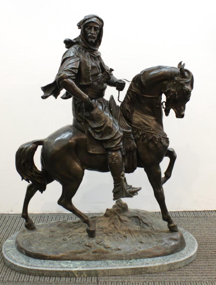 After Alfred Barye (French, 1839-1882)- Bronze: "Arab Rider on Horseback," Orientalist and animalier bronze sculpture, signed on bronze foot, on green marble slab base. 29.5" H (including marble base). Minor patina to foot.