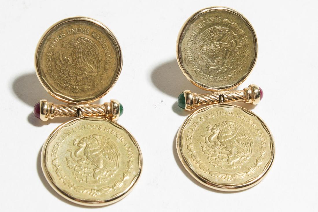 14K Gold, Mexican Coin, Emerald, & Ruby Earrings: 14K gold earring hardware mounting 1992 Mexican 20- and 50-centavos coins, from the "Old Peso" era, and emerald and ruby cabochons; each marked 14K. 1.75" L. Approx. 14.5 DWT total (including coins an