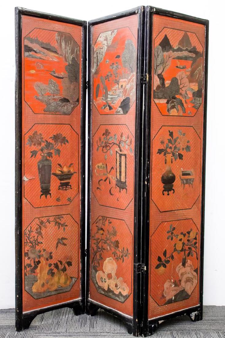 Chinese Black & Red Lacquer Folding Screen: Chinese three-panel lacquer folding screen, the red side with decorative panels against overall diaper pattern ground, the black side with similar scenes in roundels. 67.5" H X 54" W open, 18" closed.