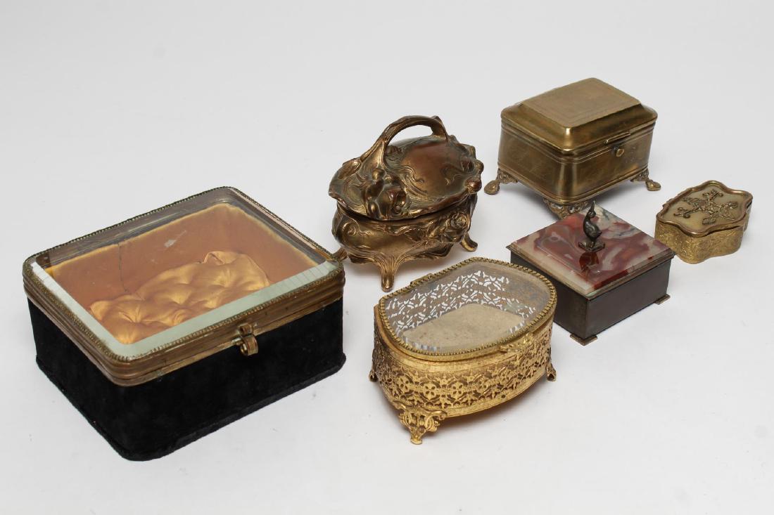 Decorative Brass & Bronze Boxes, Group of 6: Six brass and bronze decorative boxes of various French rococo, Art Nouveau, and Art Deco styles. Largest 3.25" H X 7.25" W X 6.5" L.