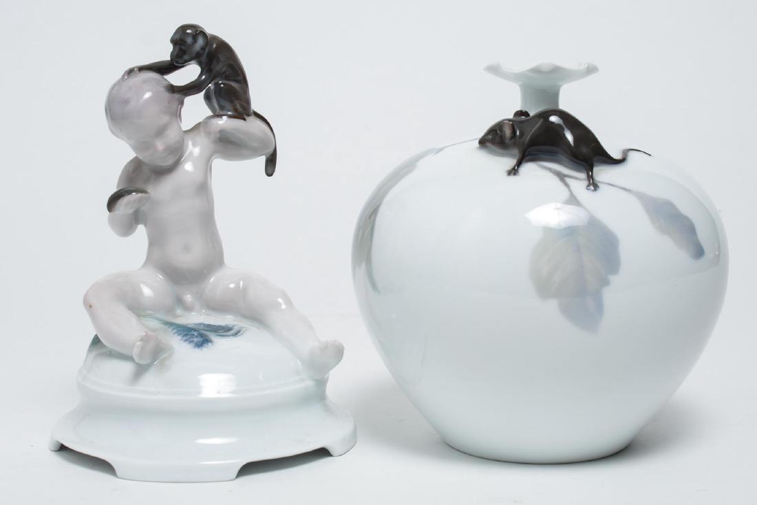 Rosenthal Animalier Porcelain Vase & Figure: Antique Rosenthal animal-theme porcelains, circa 1915: a globular bud vase with painted leaves and applied mouse, and a boy with his pet monkey, designed by Ferdinand Liebermann, both with green "Rose