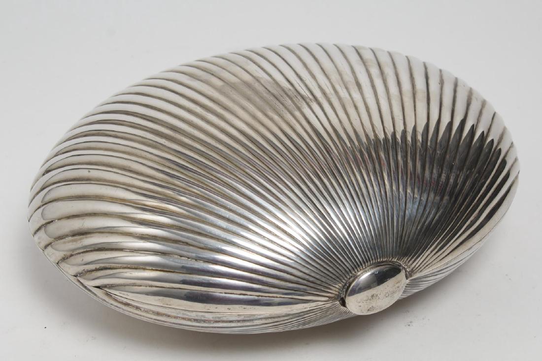 Fratelli Cacchione Italian Silver Seashell Box: Italy, sterling silver vanity or dresser box in the form of a large seashell, hinged, by Fratelli Cacchione, with vermeil gold-wash to interior; hallmarked on rim under closure. 11" L. Approx. 45.7 oz
