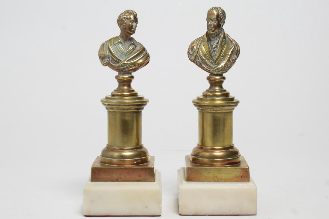 Busts of Byron & Walter Scott, Brass on Marble: Brass busts of Sir Walter Scott and Lord Byron, the English and Scottish Romanticists in Neoclassical manner, on brass columns with marble bases. Each 8" H.