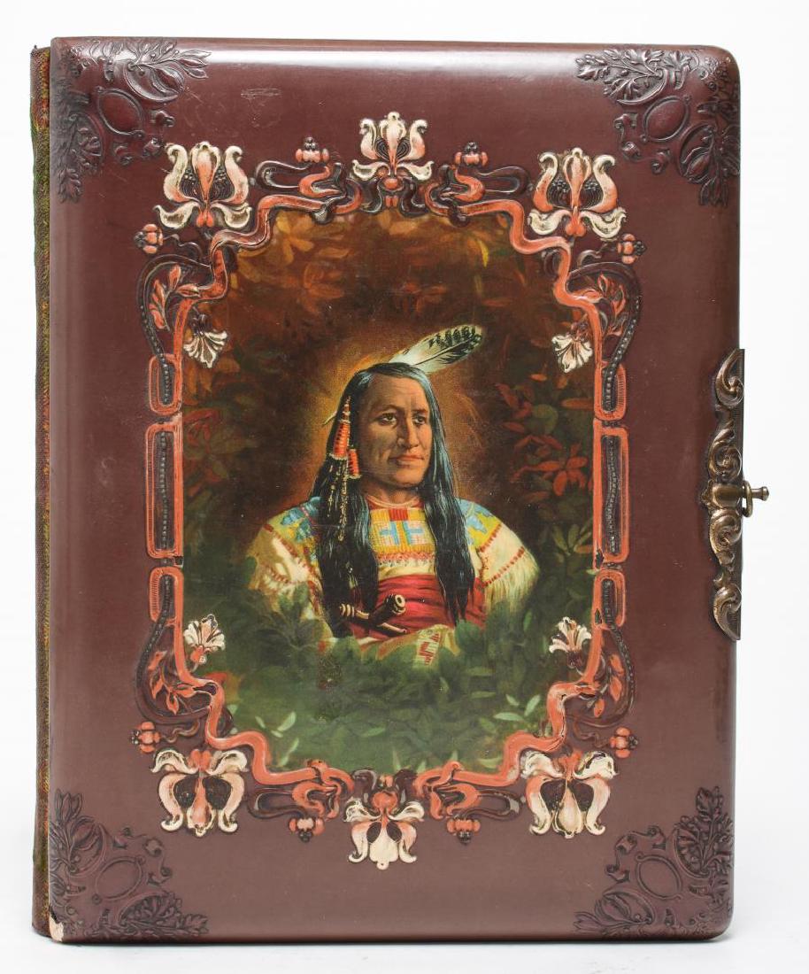 Victorian Enamel Photo Album, 19th C.: Antique photo album, 19th century, the enamel cover depicting the portrait of a Native American Indian. 11" H X 8" W.
