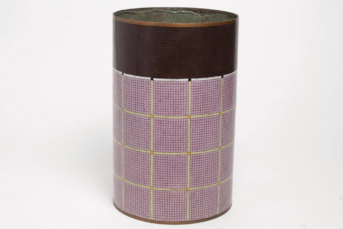Fabienne Jouvin, Copper & Enamel Umbrella Stand: Fabienne Jouvin Paris, copper and enamel umbrella stand or waste basket, 20th century, of purple squares inlaid in copper, bearing manufacturing stamp "Fabienne Jouvin Paris" on underside. 13.5" H X 8