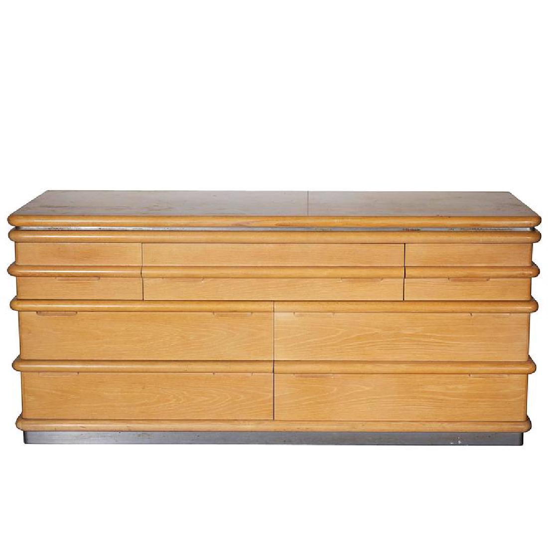Jay Spectre Modernist White Oak Dresser: Modern white oak dresser by Jay Spectre for Century, circa 1980s, with decorative ribbing and metal base, original manufacturing label "Century /Jay Spectre," on interior top left drawer. 30.5" H X 64