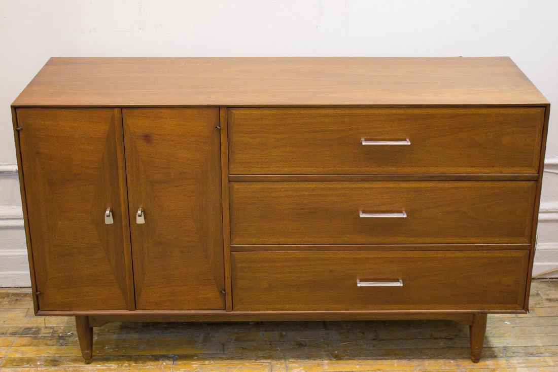 Mid-Century Modern Credenza by Ramseur Furniture: Ramseur Furniture, Mid-Century Modern credenza, circa 1960-1970, three drawers and cabinet storage with metal handles. 32.5" H X 56" W X 19" D.