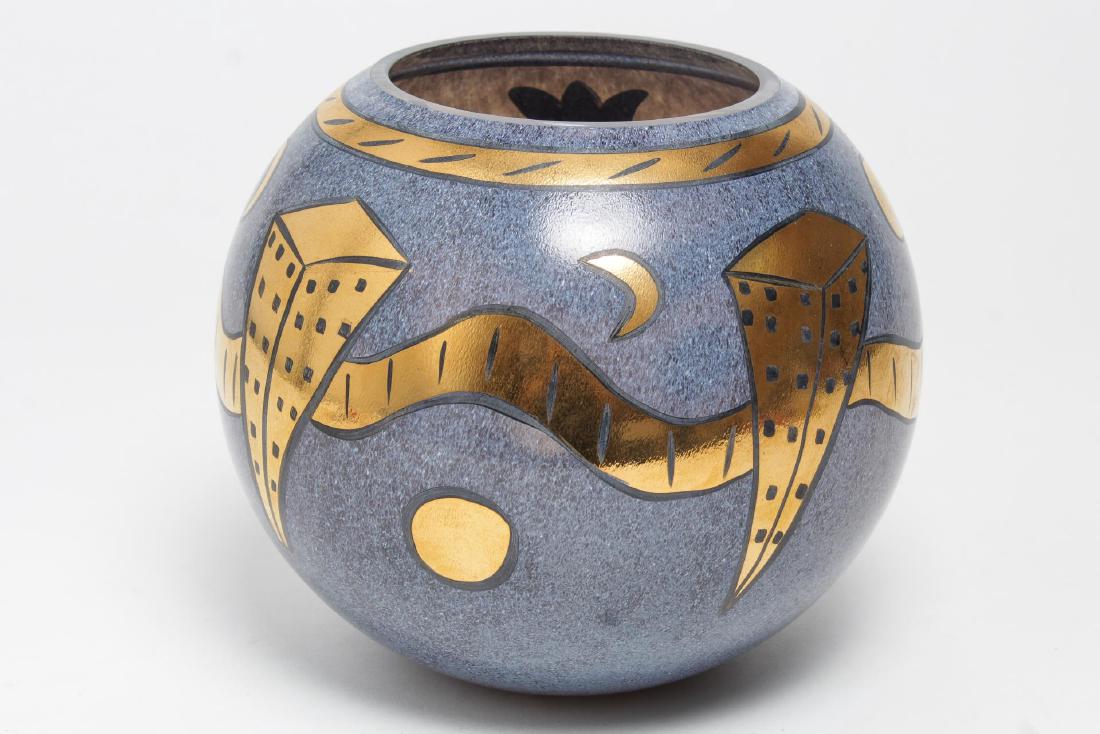 Kosta Boda Art Glass Vase, Ulrica Hydman-Vallien: Kosta Boda art glass vase, vintage 1980s, blue-gray with cityscape, designed and executed by artist Ulrica Hydman-Vallien, one fish signed "Ulrica HV / EA." 7" H.