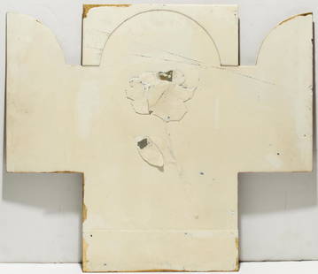 Attrib. Marina Karella (Greek, b. 1940)- Sculpture: Heavy white-painted copper cross, with affixed mixed-media collage of a rose; possibly an element from Korella's "Deploiement" series. 23" H X 26.5" W. Minor wear to paint, some wear to rose.