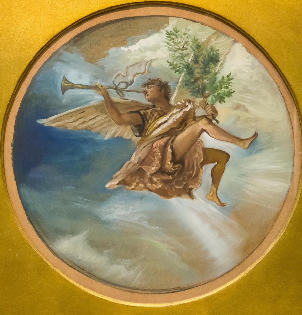 Albert Decaris (French, 1901-1988)- Gouache: Roundel depicting a trumpeting angel holding a laurel branch, 20th century, gouache and pastel on paper, bearing biographical note on reverse. Image: 18.25" diameter; frame: 33" H X 26.75" W.