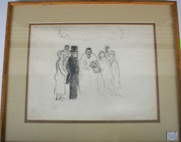 Max Weber Judaica Marriage Charcoal Drawing c1881: Signed in pencil in the lower right corner. 14 1/2" x 17"