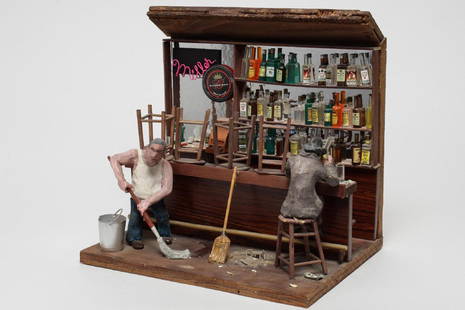 Scott Wilson (American, 20th-21st C.)- Sculpture: Scott Wilson, "Bar Scene," clay sculpture with wood, signed and dated on reverse. 15.5" H X 14.5" W X 11" D.