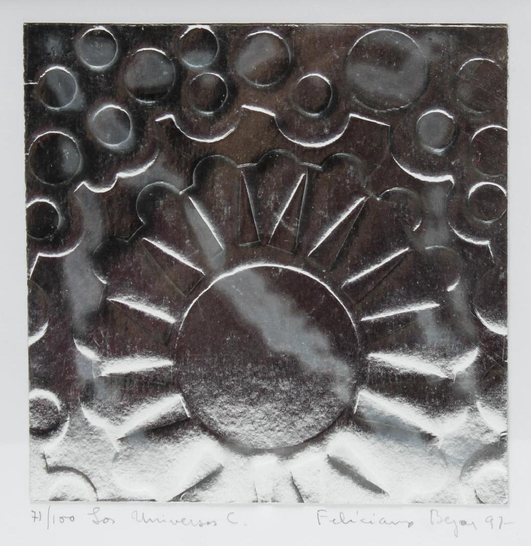 Feliciano Bejar (Mexican, 1928-2007)- Aluminum: Feliciano Bejar sculpture, embossed aluminum sheet depicting the sun in a corona of bubbles, pencil-signed, dated, numbered and titled "Feliciano Bejar 97 / 71/100 / Los Universos C" on the mat. Image