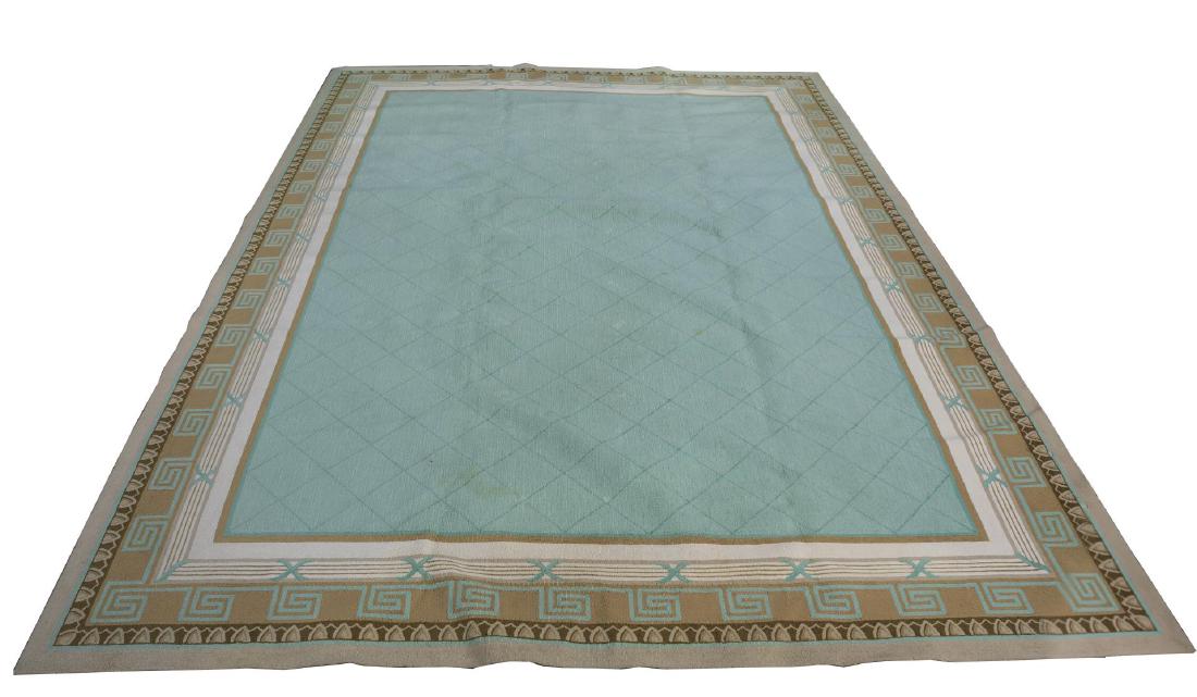 Edward Fields Wool Carpet - 13' 2" X 18' 5": Edward Fields Neoclassical-style woven wool rug with turquoise field, and taupe, gray, and olive green triple border of Greek keys, egg and dart, and fasces, stenciled repeatedly on the underside "Edw