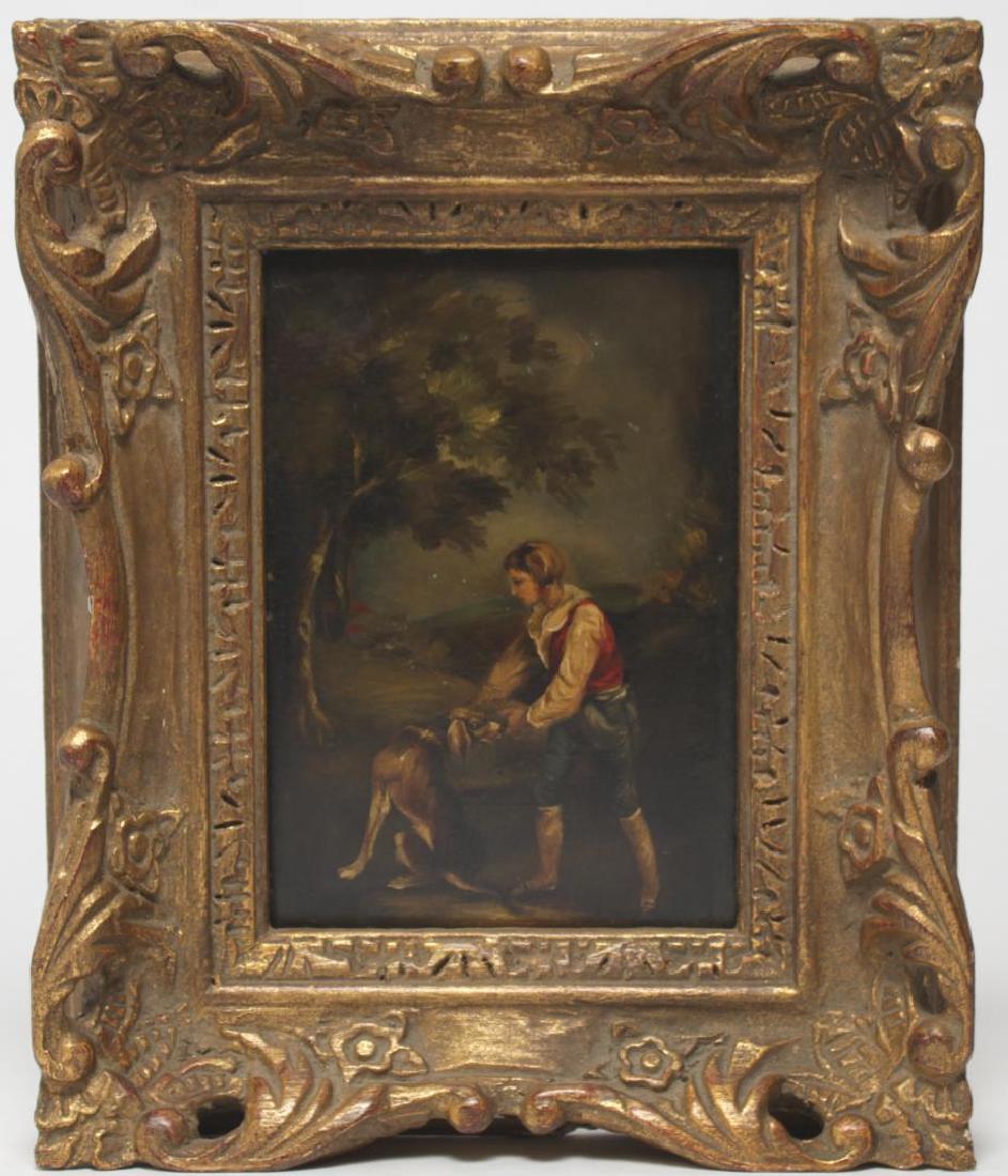 Lacquered Papier-Mache Fragment, Antique 19th C.: Lacquered papier-mache fragment, last quarter 19th century, depicting a youth and his dog in a wooded landscape, the edges bearing mother of pearl inlay. Fragment: 6.5" H X 4.5" W ; frame: 11" X 9". A