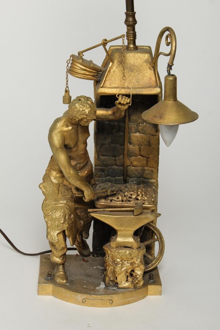 After Rousseau French Gilt Metal "Blacksmith" Lamp (1 of 6)