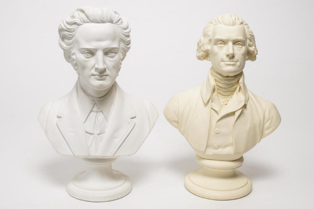 Thomas Jefferson & Fredric Chopin Cast Busts: Busts of Chopin and Jefferson, the Jefferson after Houdon, both on socles. Tallest: 12.5" H.