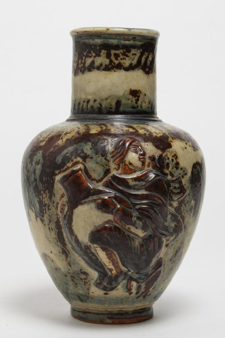 Royal Copenhagen Jais-Nielsen Deco Pottery Vase: Scandinavian Danish Modern, Royal Copenhagen Johannes Jais-Nielsen (1885-1961) Art Deco mottled cream, green, and turquoise Sung-glazed pottery vase, "The Potter," cast in high relief with a seated cr