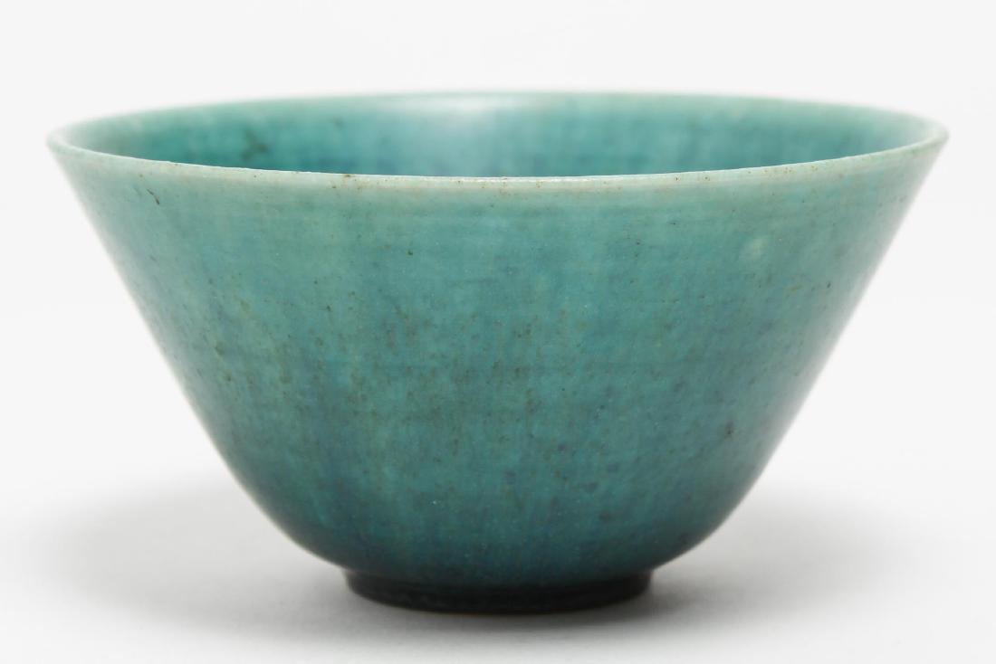 Eva Staehr Nielsen for Saxbo, Denmark Pottery Bowl: Mid-Century Danish Modern, Eva Staehr Nielsen for Saxbo, Denmark turquoise-glazed pottery vase, vintage 1950s-1960s, the underside with impressed "Saxbo" and crown mark. 2.5" H X 4.75" diameter. Old 1