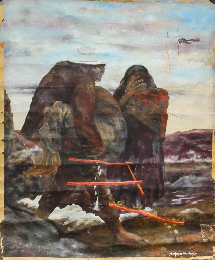Benjamin Mendoza (Bolivian, b. 1935)- Oil: Benjamin Mendoza, "Minero Chico," circa 1957, oil on canvas, abstract landscape with two figures, signed lower right and dated, inscribed on reverse. 42.25" H X 34.25" W.