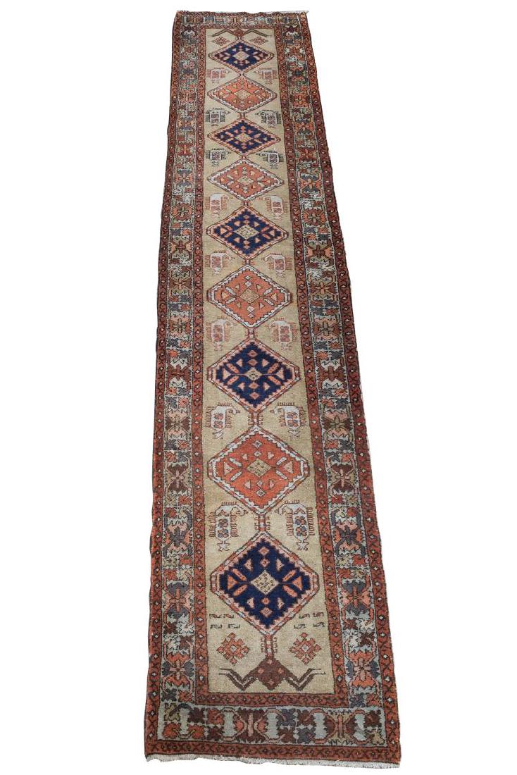 Persian Qashqai Runner Rug- 2' 10" X 13' 8": Persian rug, a Qashqai runner, wool on wool, in shades of gray, cream, orange, and pale blue. Some areas of minor soiling.