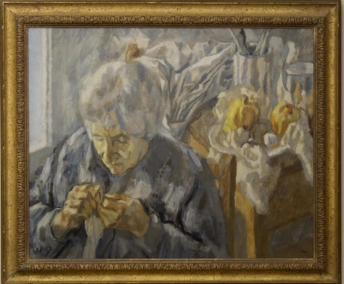 Josep Roca Sastre (Catalan/Spanish, 1928-1997) Oil: "Figura y Bodegon" (Figure and Still Life), depicting an old woman sewing in front of a table with bowl of quinces, oil on canvas, signed lower left; titled, signed and dated "63" on the reverse, with