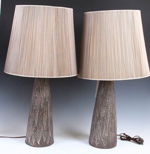 Pr Nancy Wickman Pottery Lamps & Original Shades: Wickman was from Vermont and worked at the New York pottery Studio of Design Technics.No chips, cracks, breaks or repairs. 31" x 13"