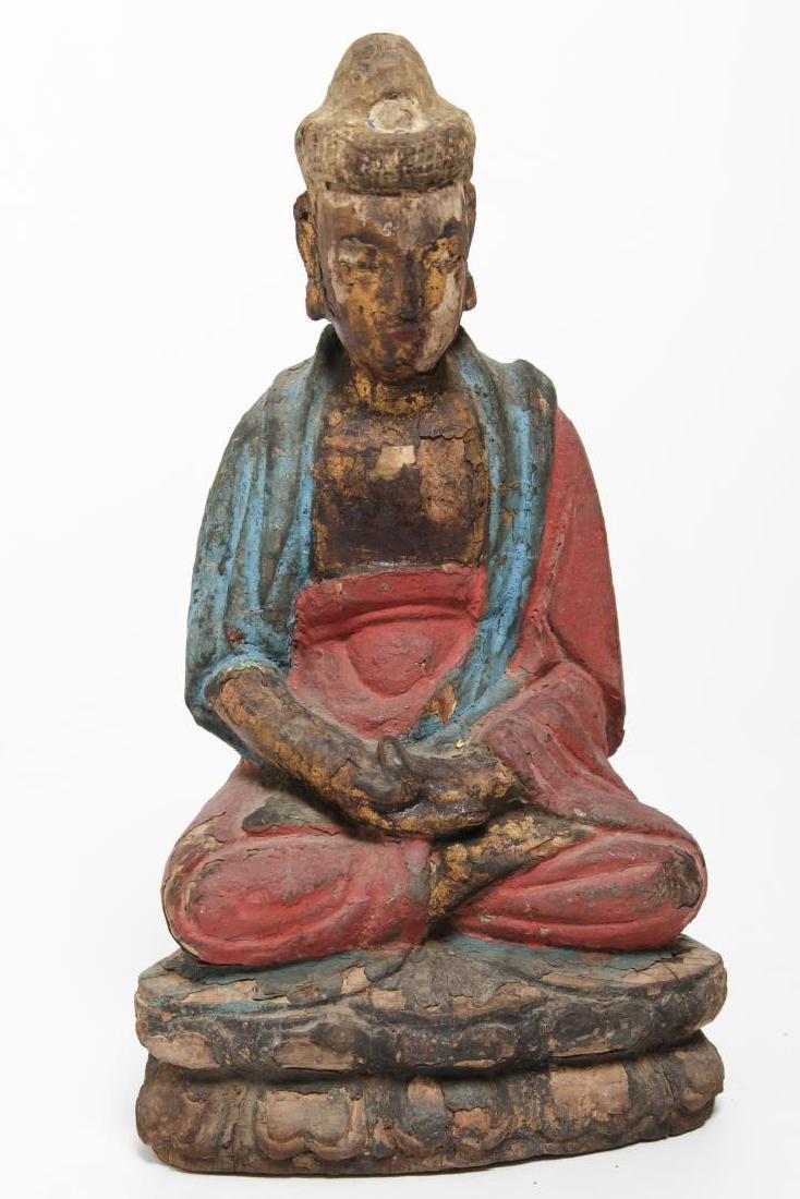 Asian Carved & Polychrome Wood Seated Buddha (1 of 5)