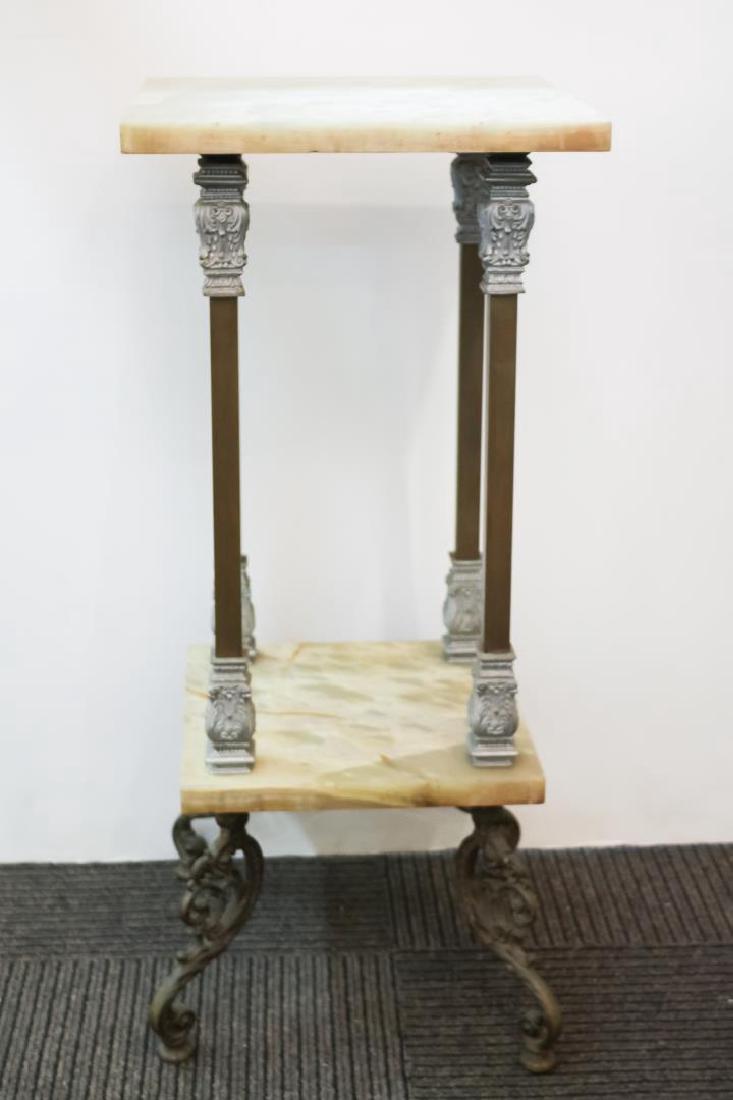 Classical Revival Alabaster & Bronze Gueridon: Classical Revival gueridon or side table, the squared green alabaster surface on cast bronze frame with scroll feet. 31.75" H X 14" W X 14.5" D.