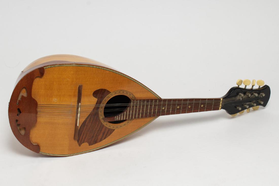 Japanese Suzuki Mandolin, #968 6-String Bowl-Back: Japanese Suzuki #968 six-string bowl-back mandolin, with mahogany, spruce, and maple veneers and inlays, buffalo bone nut and saddle, the interior with a paper label reading "S Violin Trademark / Mand