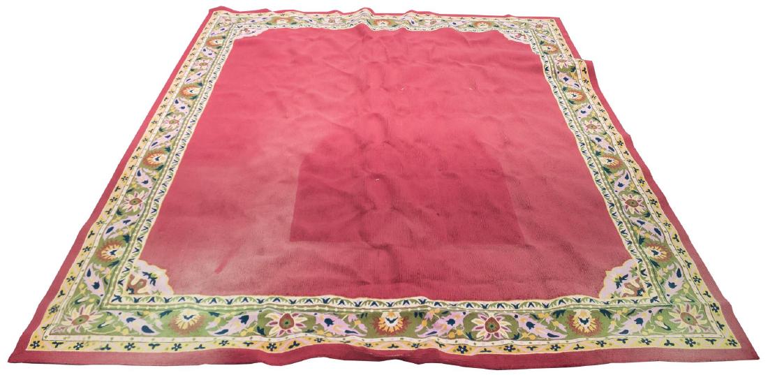 Edward Fields Wool Carpet, 12' 7" X 14' 5": Vintage Edward Fields woven wool palace-sized carpet, red center with intricate floral border in bright yellow, greens, blues and pinks, signed underneath.