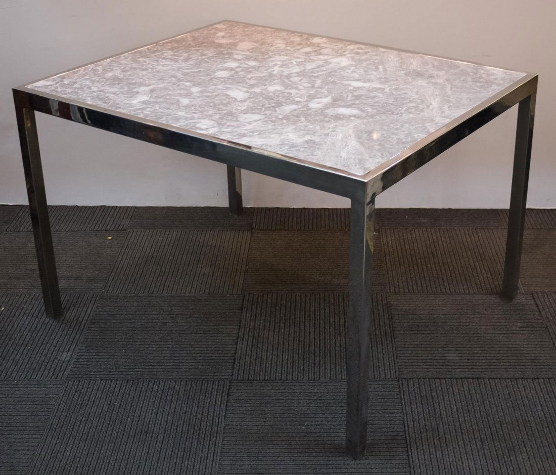 Mid-Century Modern Chrome & Marble Dining Table: Mid-Century Modern chrome and marble dining table, squared chrome base with inset gray marble. 29.5" H X 28" W X 36" D.