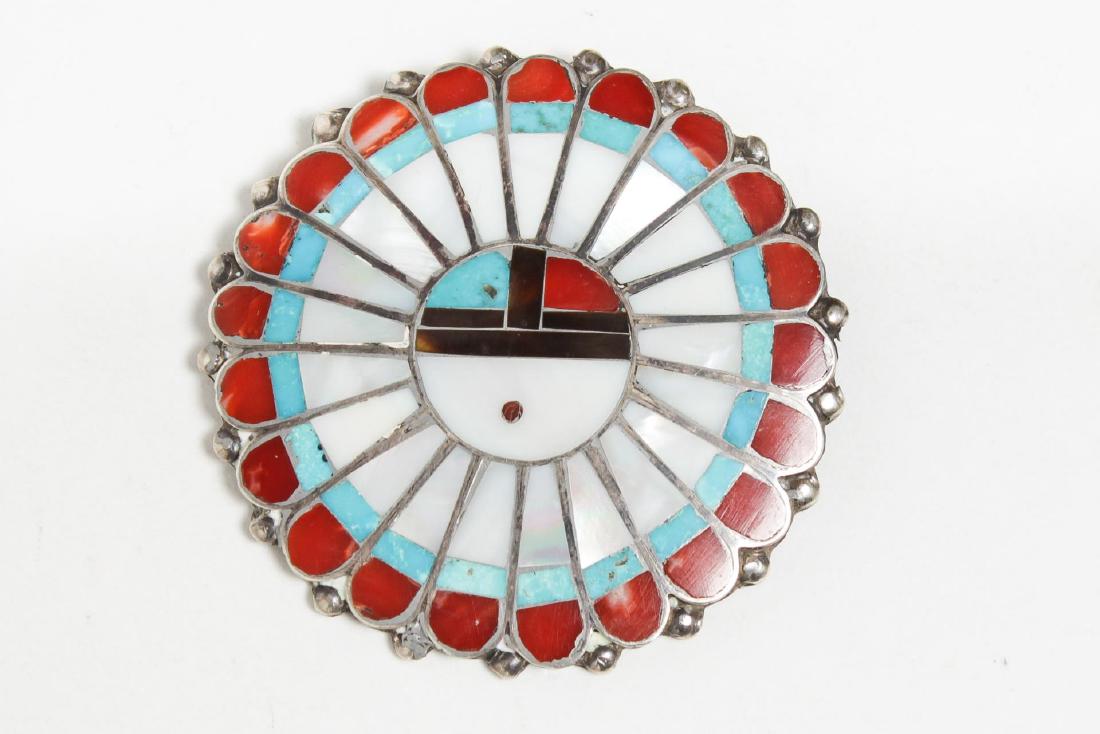 Zuni American Indian Inlaid Silver Sun Face Pin: Native American Indian Zuni silver, mother-of-pearl, coral, and jet inlay Kachine Sunface God's Eye pin, vintage. 2" diameter. Silver tested, not weighable.