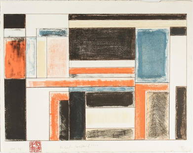 David Novros (American, b. 1941)- Lithograph: David Novros lithograph of sketched colorblocks, likely a plan for a large site-specific painting, signed "DN '71," inscribed "For Earl- love David 2000," and numbered 14/35 all in pencil at lower edg