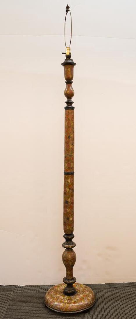 Art Nouveau Painted Wood Standing Lamp, Japonisme: Antique Art Nouveau standing floor lamp, turned wood stem body with Japonisme-painted flowers in pinks and reds on rounded base. 73" H.