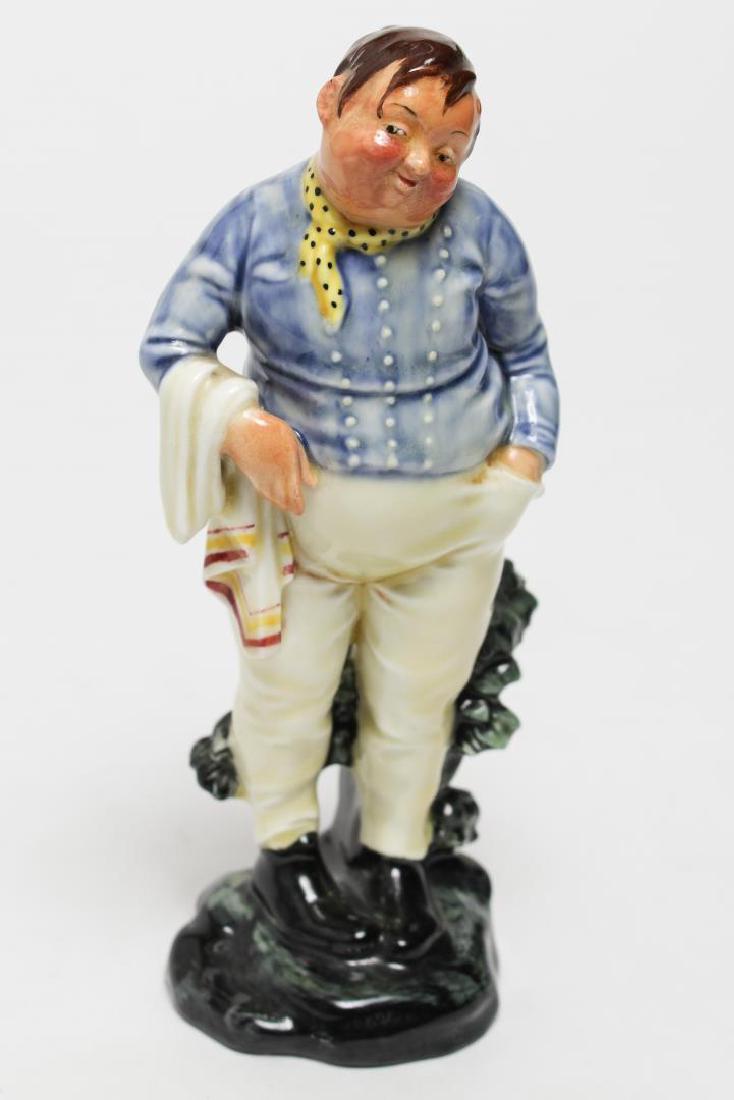 Royal Doulton Charles Dickens "Fat Boy" Figurine: Rare Royal Doulton second version "Fat Boy," from the Charles Dickens novel "The Pickwick Papers," designed by Leslie Harradine, produced 1938-1952, on the underside the Doulton mark with "14," which 