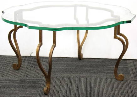 Maison Ramsay Coffee Table, Gilt Brass & Glass: Mid-Century Modern coffee or cocktail low table, Maison Ramsay vintage 1950s-60s, the glass top with undulating sides. 18" H X 36" square.