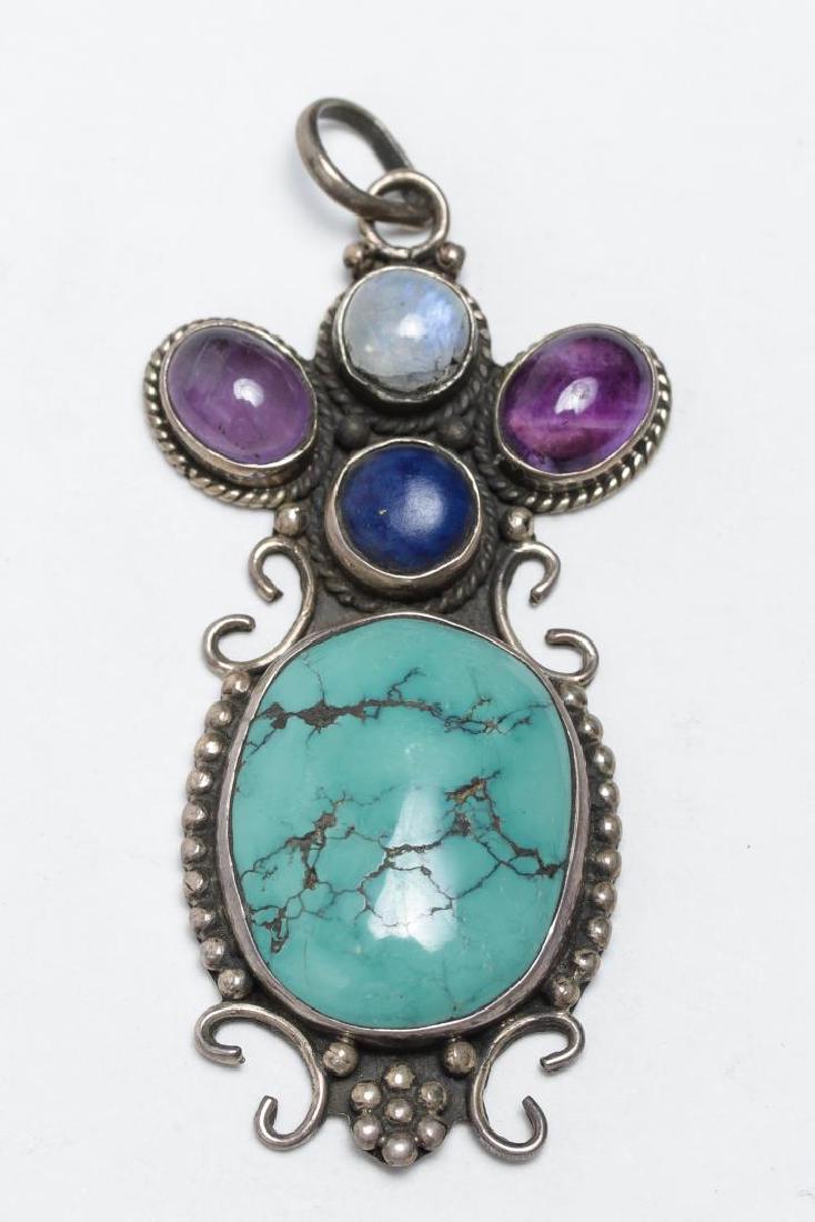 Tibetan Silver Pendant, w. Turquoise & Amethyst (1 of 6)