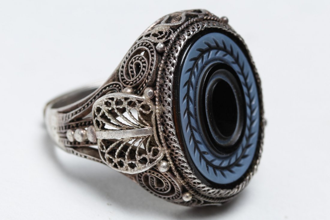 Polish Silver Filigree & Onyx Intaglio Ring (1 of 7)