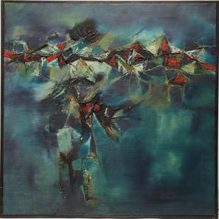 Gulam Rasool Santosh (India, 1929-1997)- Oil: Gulam Rasool Santosh "Beyond the Valley," Tantric Art, abstract composition in green, red and blue, oil on canvas, signed, titled and dated 62' on reverse. Image: 33.75" H X 34" W; frame: 34.75" X 35"