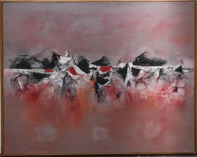 Gulam Rasool Santosh (Indian, 1929-1997)- Oil: Gulam Rasool Santosh "The Pass," Tantric Art, abstract composition in pink, red and black, oil on canvas, signed and dated 62' lower left and titled on reverse. Image: 34" H X 42.75" W; frame: 35.75"