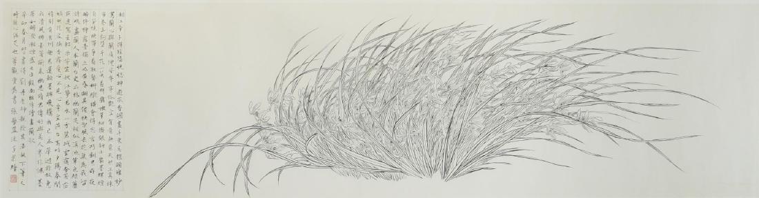 Zhang Yirong (Chinese, b. 1979)- Ink on Paper: Zhang Yirong, Chinese contemporary art, "Orchid Poesy 2" with calligraphy by Tai Xiangzhou, 2011, depicting an orchid poesy flower blowing in the wind, ink on paper, signed above red seal. Image: 18.5