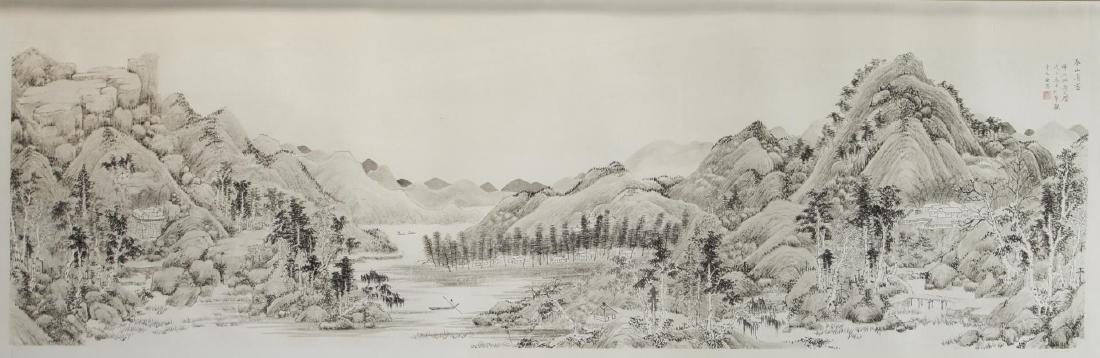 Tai Xiangzhou (Chinese, b. 1968)- Ink on Paper: Tai Xiangzhou,contemporary Chinese artist, "Emulating Ma Wan's 'Spring Mountain at Tall Mountain,'" 2008, depicting a mountainous river valley, ink on paper, signed "Xiangzhou," seal "Tai" upper right