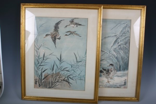 Pair 20th C Handpainted Framed Chinese Paintings