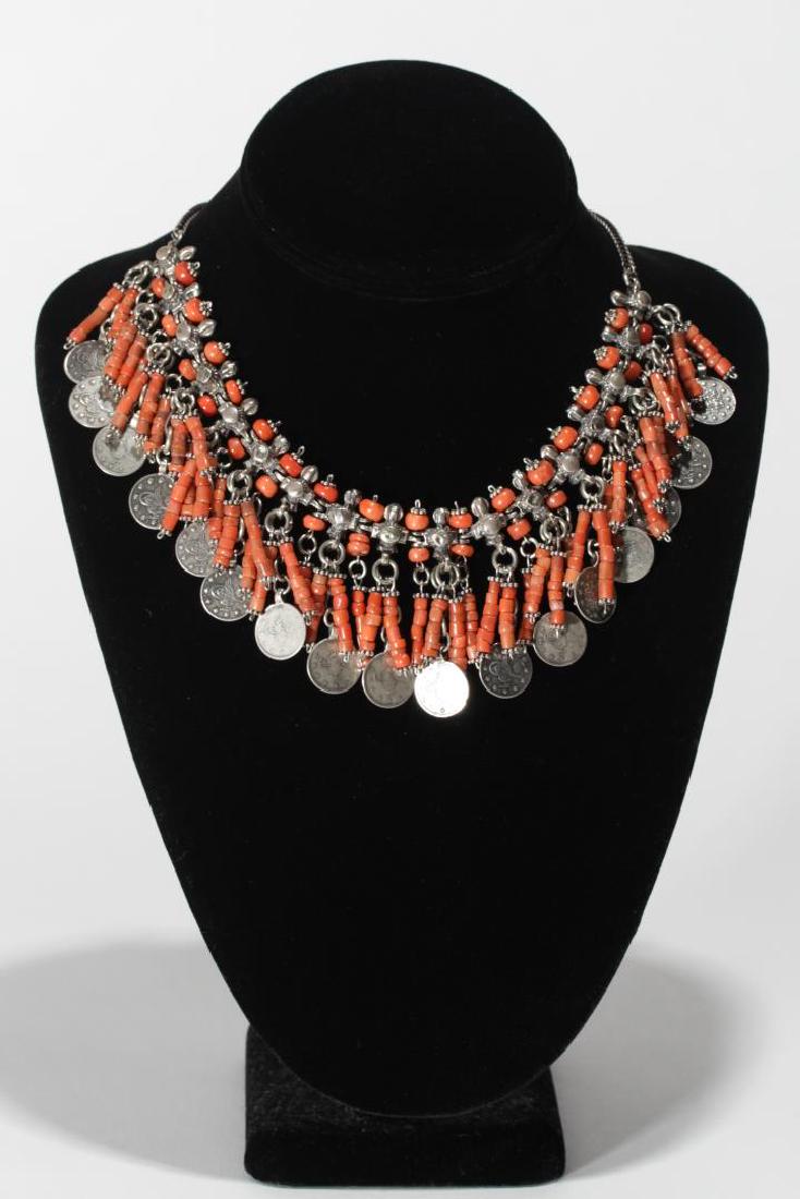 Turkish Coral, Silver, & Coin Necklace, Fringed (1 of 6)