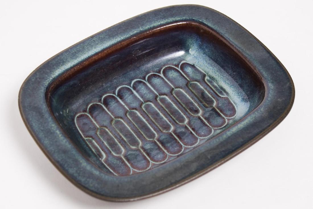 Soholm Denmark Art Pottery Dish or Casserole: Soholm Denmark art pottery dish, rectangular with stylized interior bowl in dark blue glaze, bearing incised maker's mark underneath. 1.5" H X 8.5" W X 6.75"