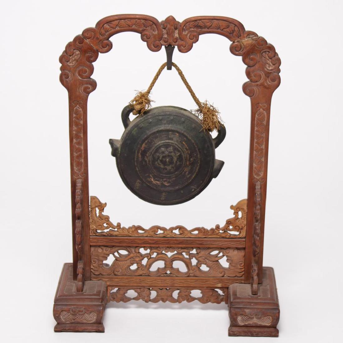 Asian Table Gong, Bronze, on Carved Wood Stand (1 of 8)